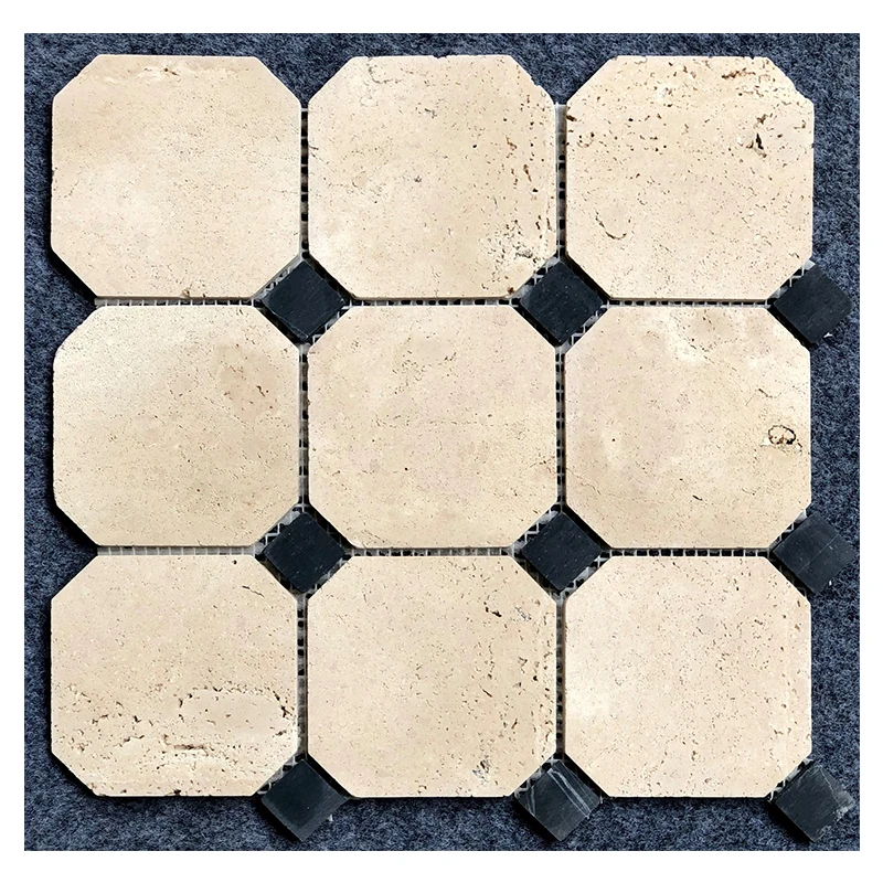 Beige travertine mosaic octagon rhombus dots classic flooring tiles bath kitchen limestone paver paving tile moroccan handmade
