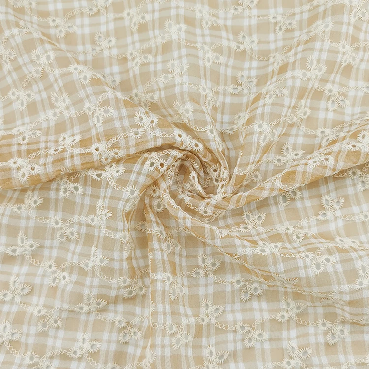 Kaiming polyester gingham eyelet flora embroidery multi color fabric