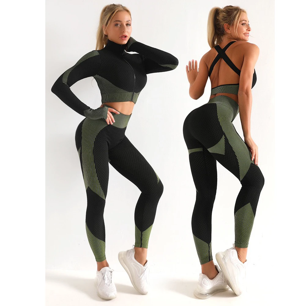 New Color Seamless Gym Activewear 3Pieces Plus Size Yoga Suits Bra and Fitness Ryderwear For Sports