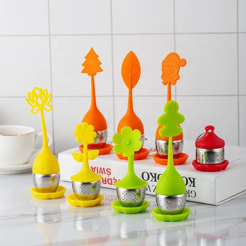 Hot Sell Silicone Standing Tea Strainer Stainless Steel Tea Infuser Strainer Set Tea Accessories