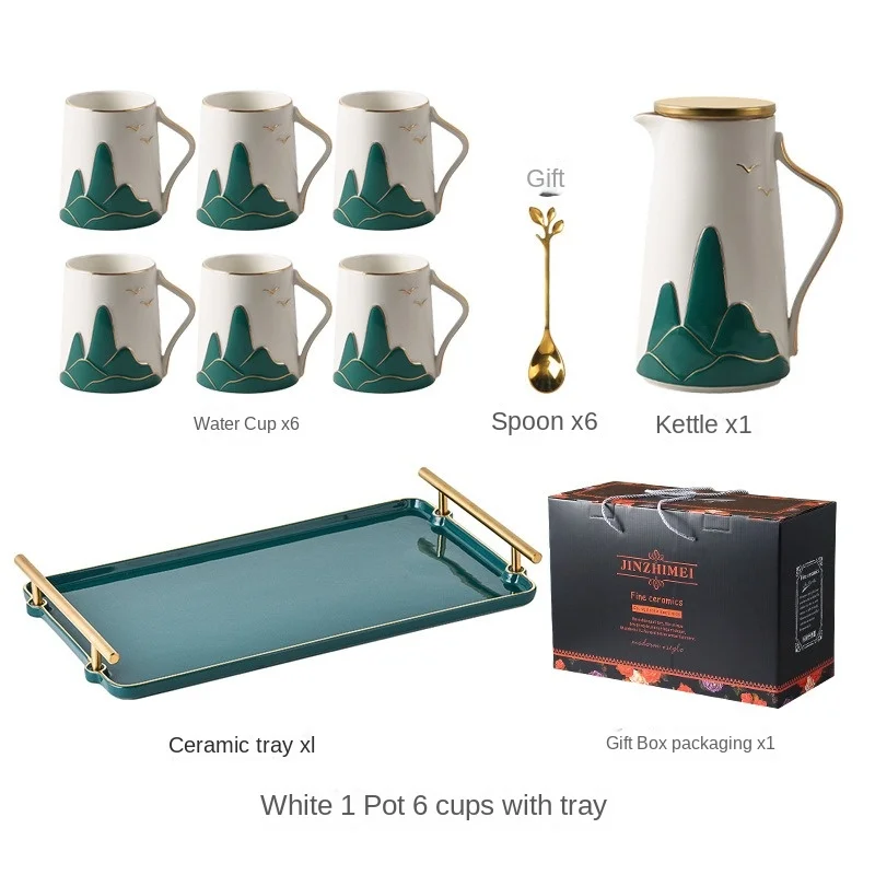 Luxury European Afternoon 6pcs Gold Rim Porcelain Tea Cup Teapot Set With Tray Vintage Ceramic Coffee Pot And Cups Saucers Set