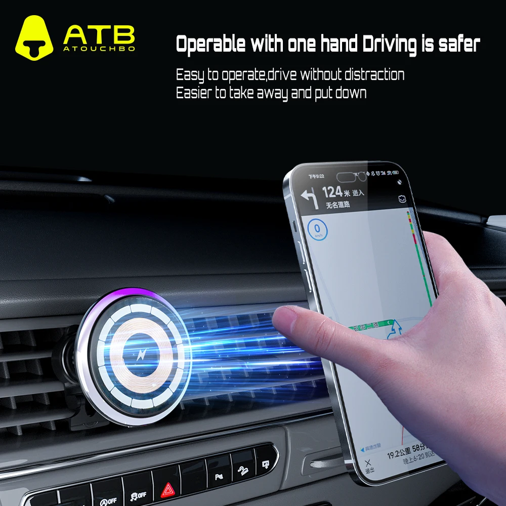 Magnetic Wireless Fast Charger 15W with LED Ambient Light Mobile Phone Stand Car Air Vent Mount Holder For Phone