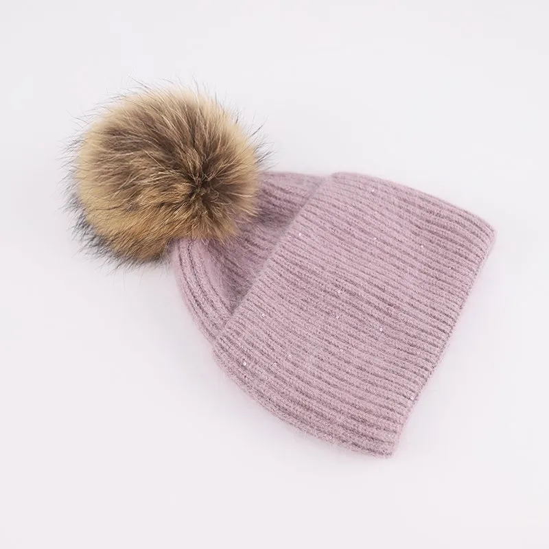 warm wool fur knitted stylish winter hats for women beanie hats with pompon