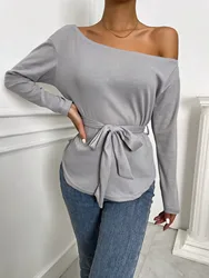 Spring Fall Sexy Asymmetrical Neck Belted Tee Drop Shoulder t-Shirts Knitted Pullover Woman Waffle t-Shirt With Waist Belt