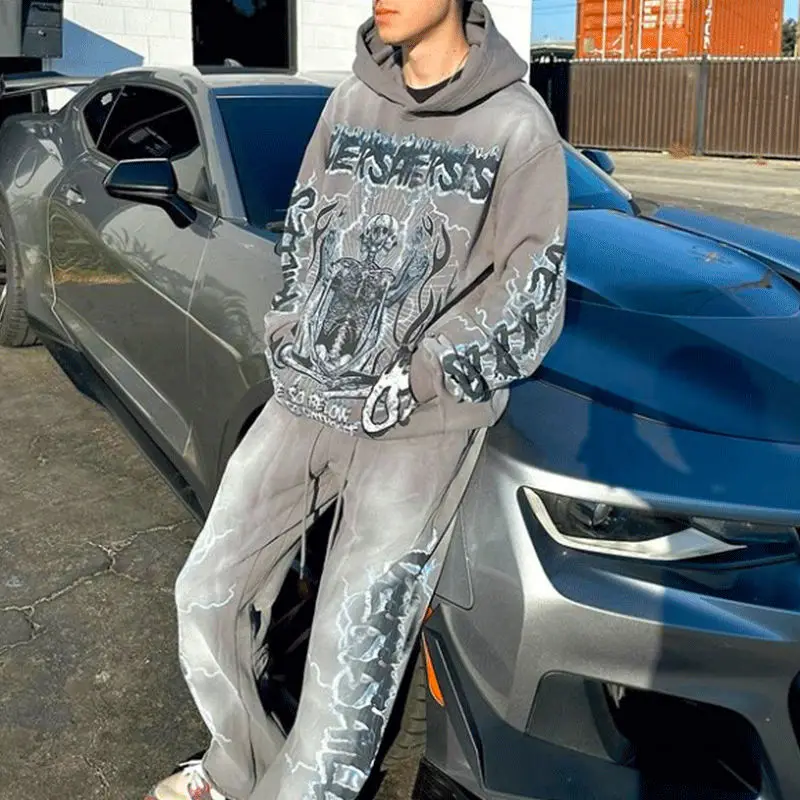Custom Logo Oversized Sweatsuit Stack Flare Pant Track Suit Sun Faded Vintage Acid Wash Hoodie And Washed Sweatpants Set For Men