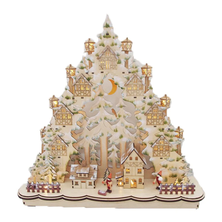 Exquisite Design Home Decoration Small Wood Lighting Crafts Hot Selling Wooden LED Lighting House Glowing Ornaments Christmas