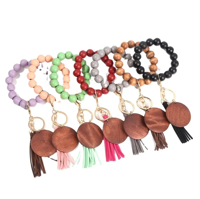Disc Bracelet Keychain Personalized Wood Beaded Bracelet Tassel Key Rings DIY Monogram Tassel Wooden Bead Keychains