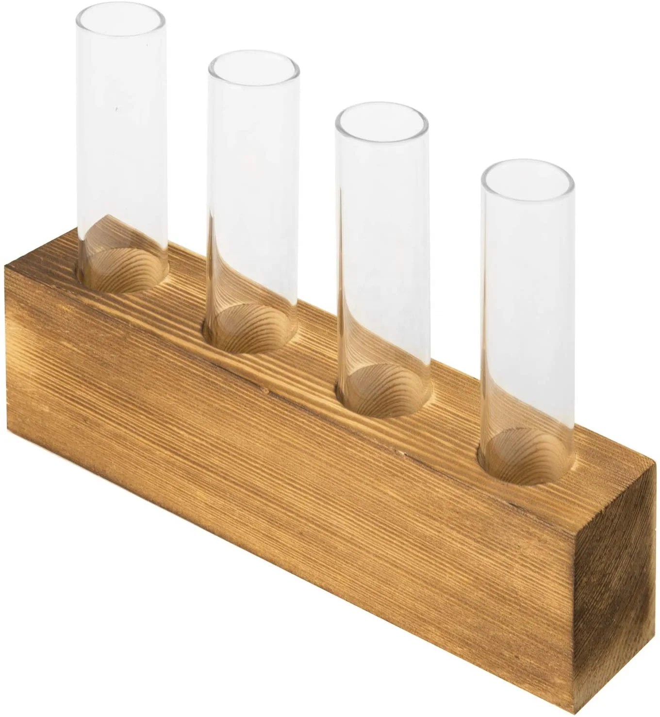 Glass test tube water plant flower vase with rustic brown wooden block base