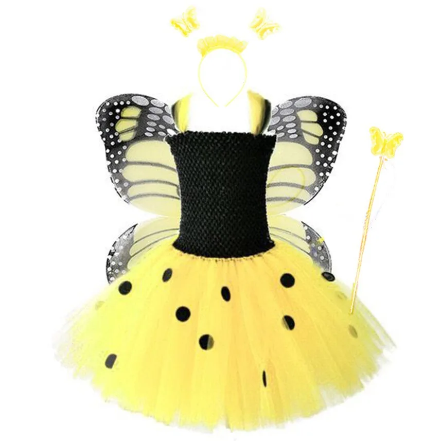 Factory Direct Sale Yellow Butterfly Fairy Spot Puffy Performance Kids Costumes Party With Wing