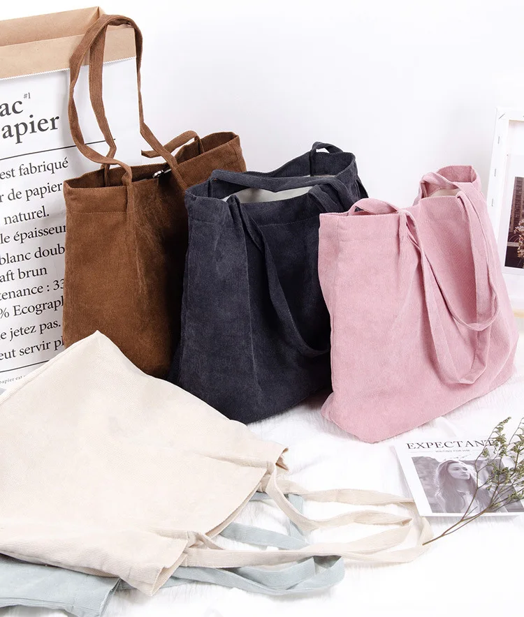 Wholesale Fashion Eco Plain Reusable Shoulder Grocery Custom Logo Small Shopping Tote Corduroy Bag Handbags
