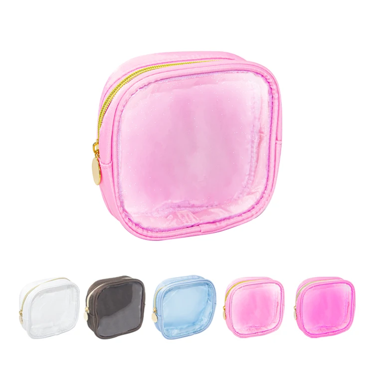 New Pink Small Transparent Make Up PVC Waterproof Nylon Cosmetic Pouch Mini Makeup Bag With  Zipper