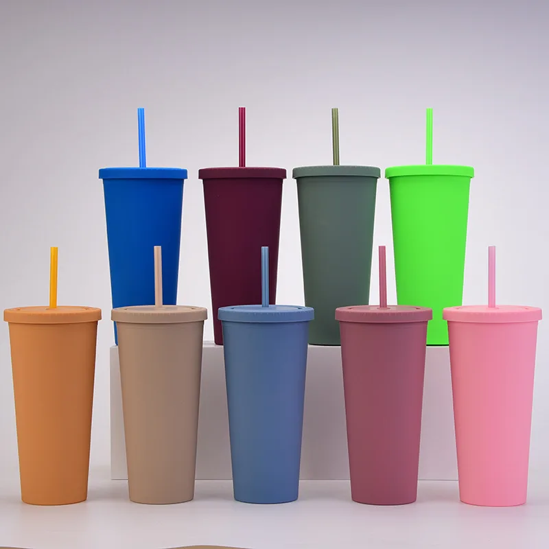 Double Wall Plastic Straw Cup 24oz Coffee Cup Water Frosted Bottle On Hand Cup Ready For Ship