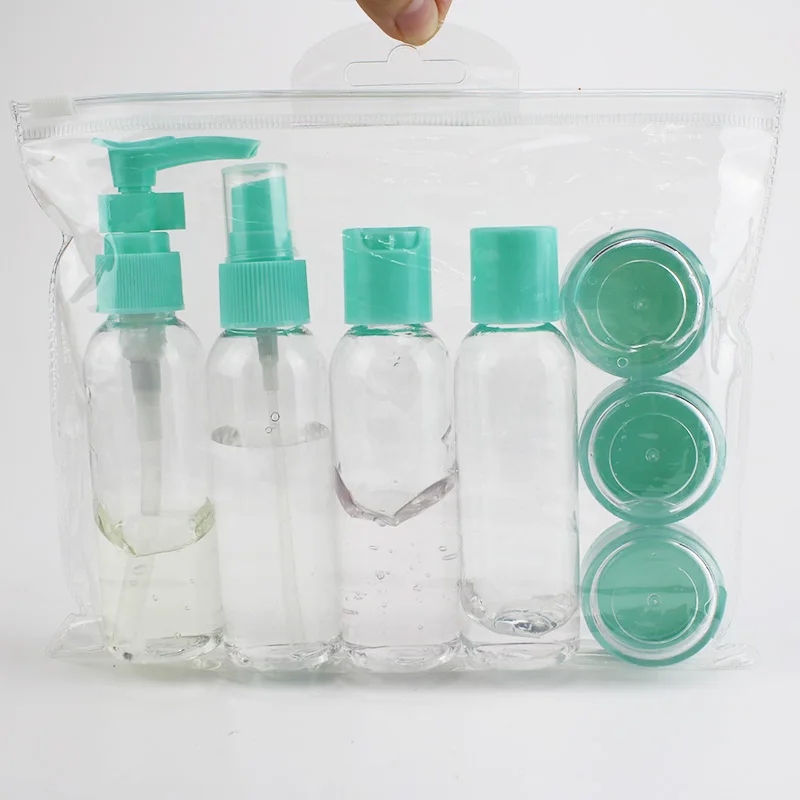 
Travel partner airline bag plastic travel kit bottle set with spray bottle lotion bottle cream jar and pouch 