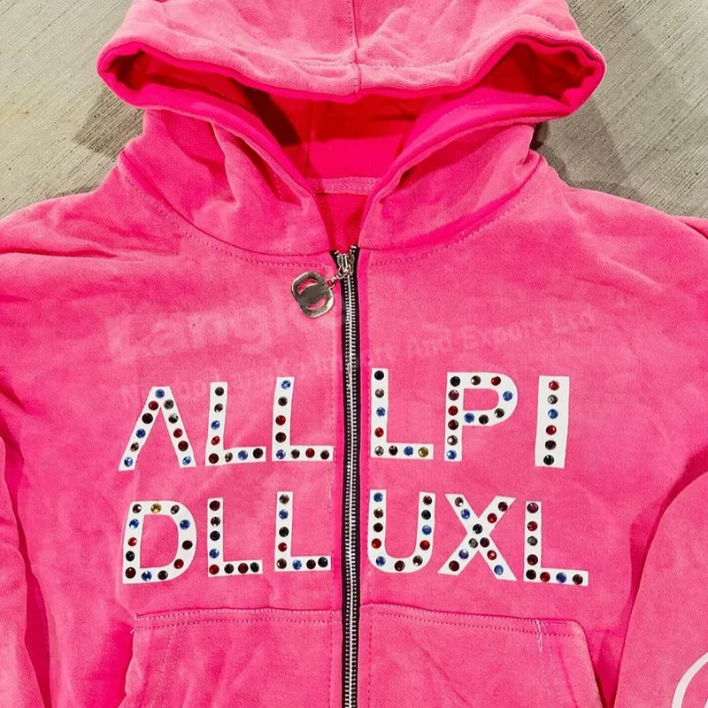OEM 500 Gsm Sun Faded Acid Wash Heavyweight Boxy Pink Rhinestone Empossing Patch Oversized Screen Printing Zipper Zip Up Hoodie