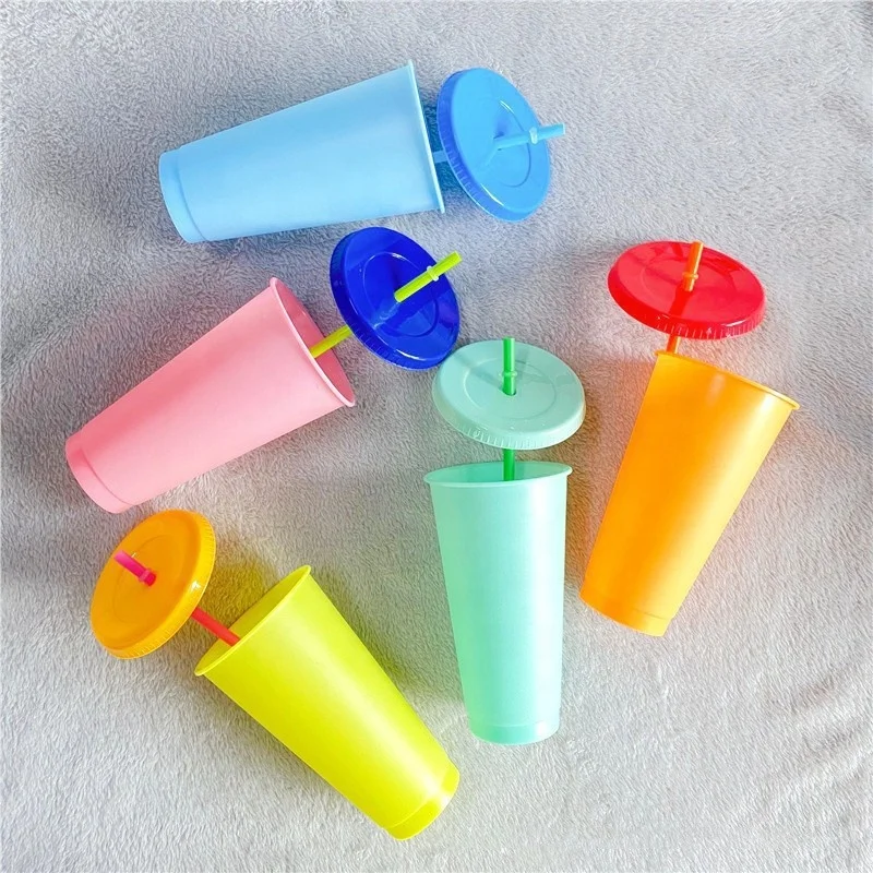 Reusable BPA free Custom Promotion Stadium Mood Color Cup plastic coffee cup cold water color changing cup with lid and straw