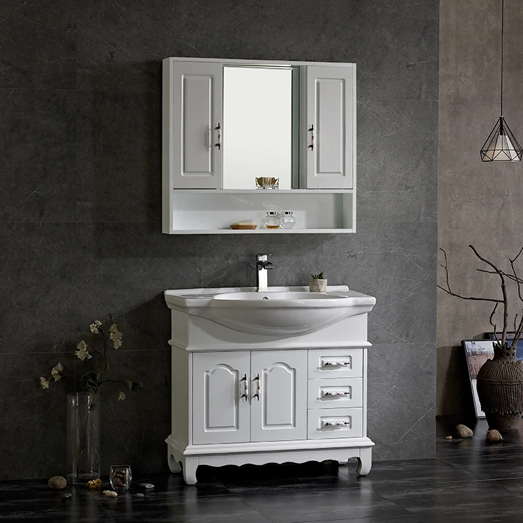 ZHONGYA Multi-size Luxury White Basin Cabinet Push Mirror Oak Vanity Bathroom Cabinets with mirror