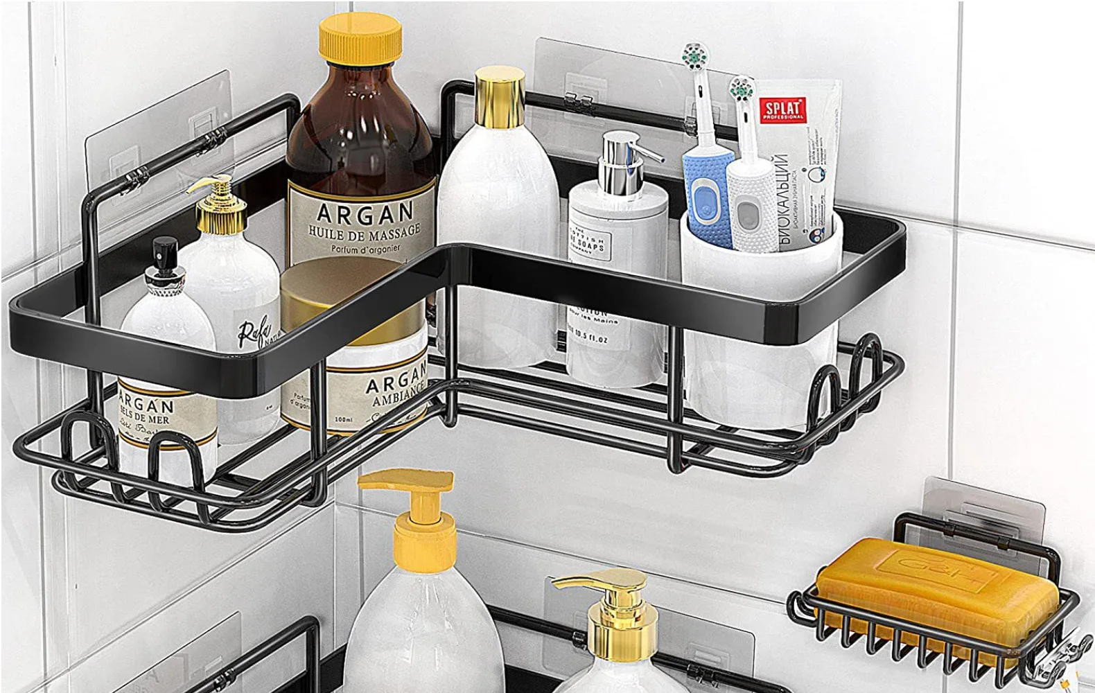 No-Drilling Wall Mounted Bathroom Stainless Steel Shelf Organizer with Two Hooks Bathroom Shower Caddy