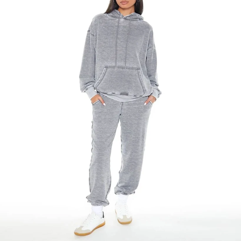 Custom Streetwear Faded Washed Fleece Dropped Long Sleeves Oversized Hoodies Matching Joggers Baggy Sweatpants Tracksuit