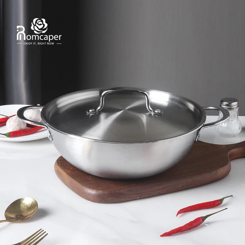 Korean style customized cookware cooker pot stainless steel stir fry pans steamer frying cooking woks pan in guangdong