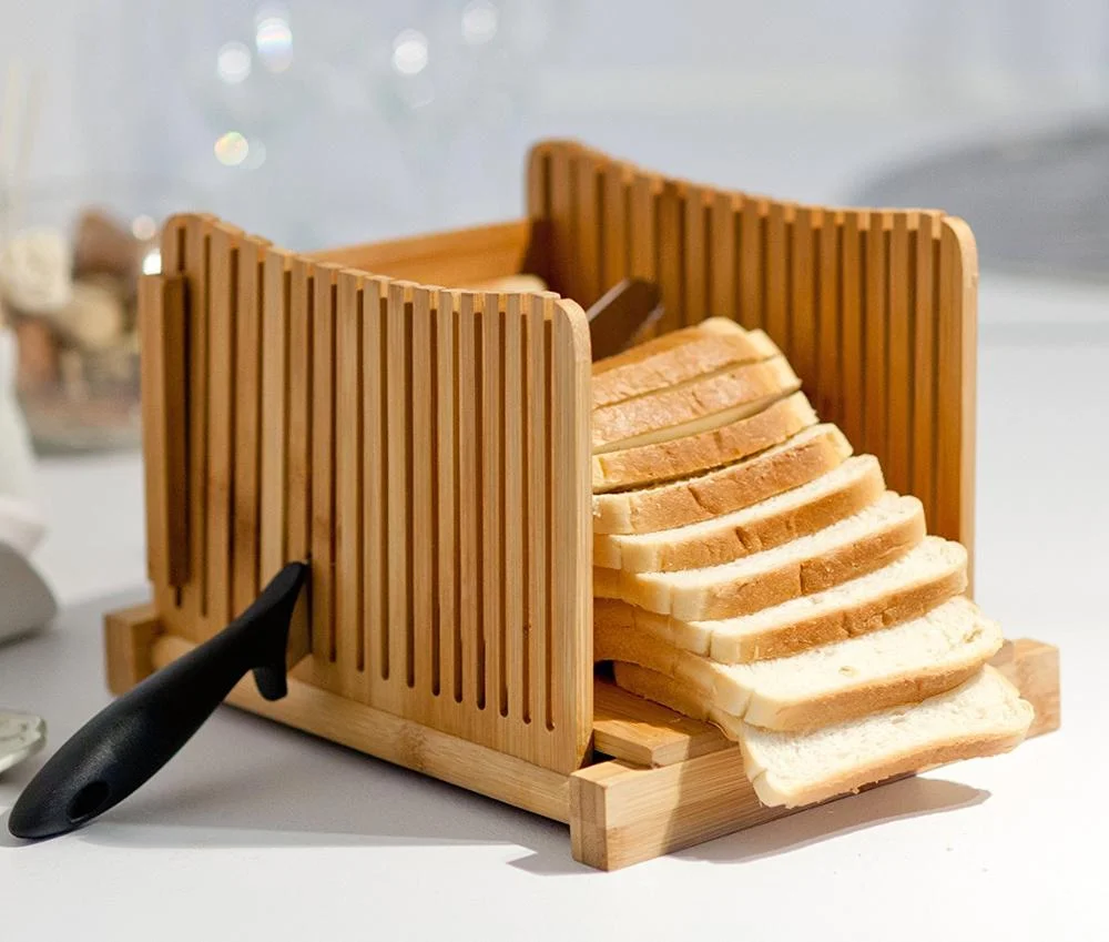 Bamboo Bread Slicer With Fully Adjustable Loaf Width And Foldable Compact Cutter Plus Stainless Steel Bread Knife
