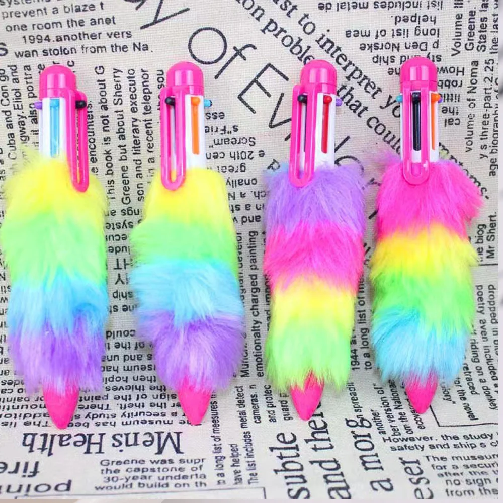 new plush multi-color ballpoint pen creative multicolor rainbow 6 color pen for girl more beautiful scenery fluffy maomao pen