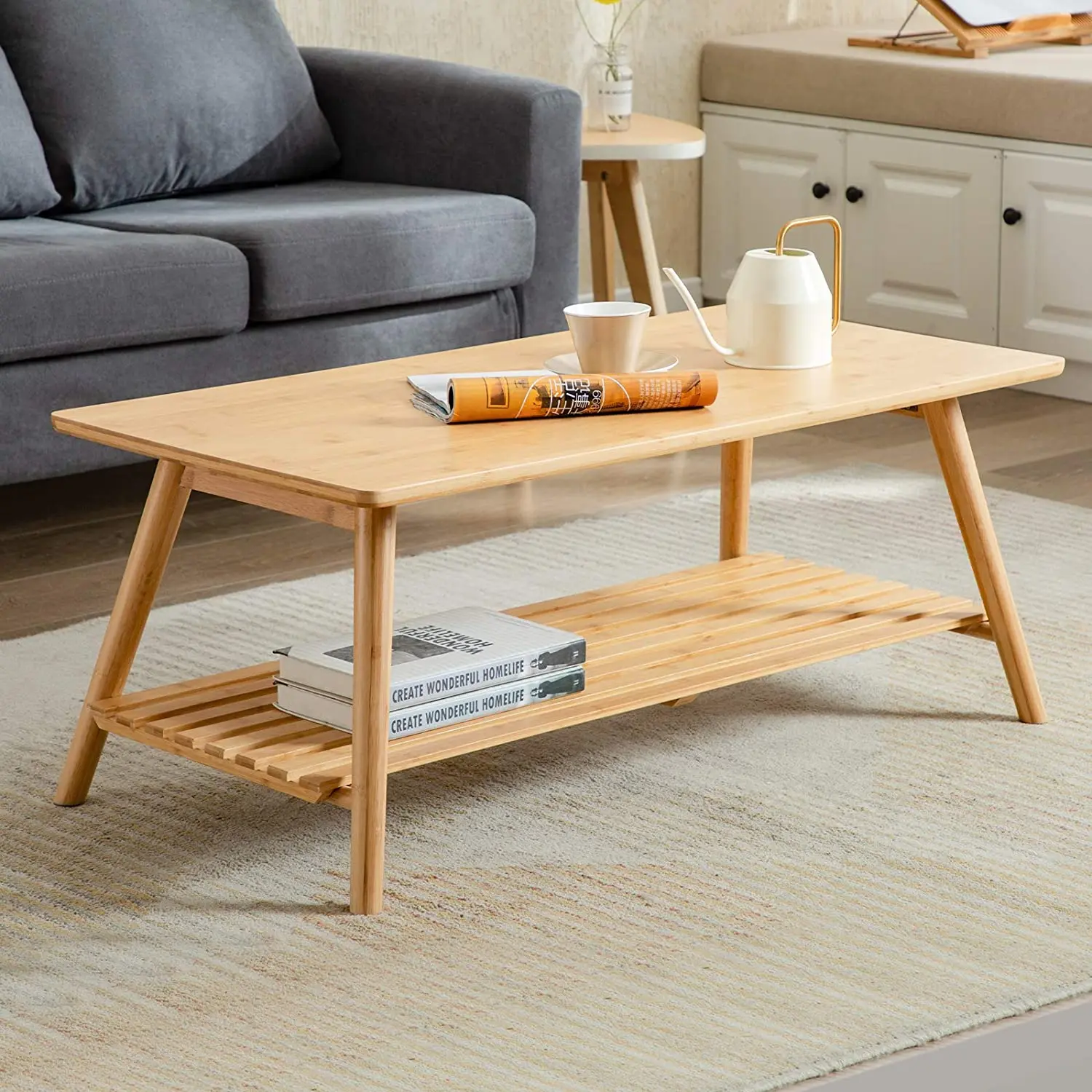 Combohome Foldable Luxury Bamboo Coffee Table Modern Sofa End Table for Living Room Furniture