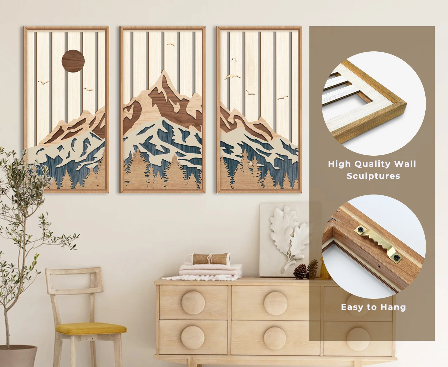 Boho Sun Wood Wall Art Geometry Line Hollow Wall Decor Mid Century Modern Decor 3 Panels Sunrise Wall Sculptures Wooden Set for