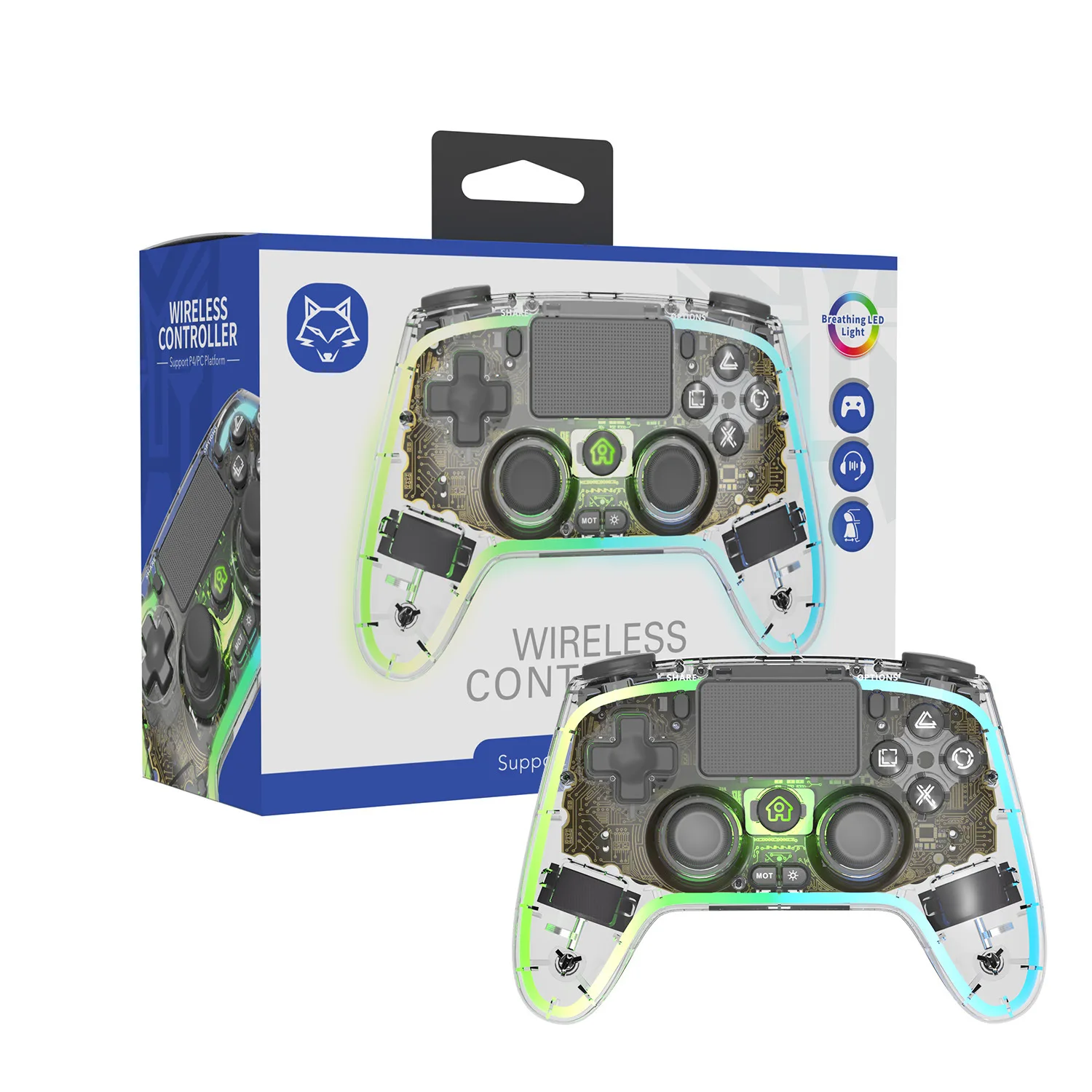 Transparent Wireless Controller for PS4 Game Console Hall Effect Joysticks for PC Gamepad with RGB Colorful Light