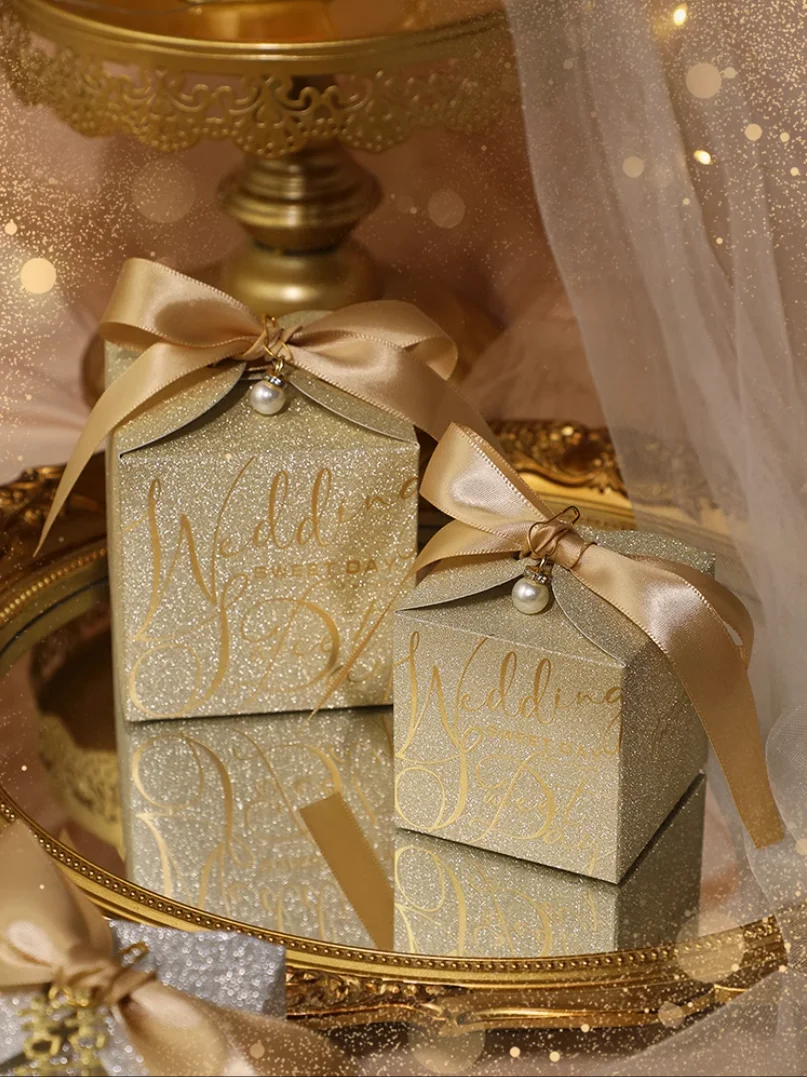 2023 Jumi New Arrival Small Wedding Candy Gift Box Luxury Glitter Favor Gift Box With Pearl And Ribbon For Guest