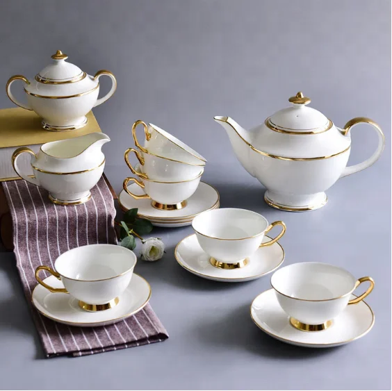 Factory Price 15 Pieces Coffee And Tea Set With Gold Tea Pot Sugar Bowl Milk Jug Cup And Saucer For Dubai