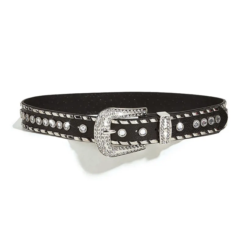 Top Selling Fashion Studded Punk Rivet Belts Stylish Rhine Stone Women Cool Girl PU Leather Belts Alloy Pin Buckle Waistband
