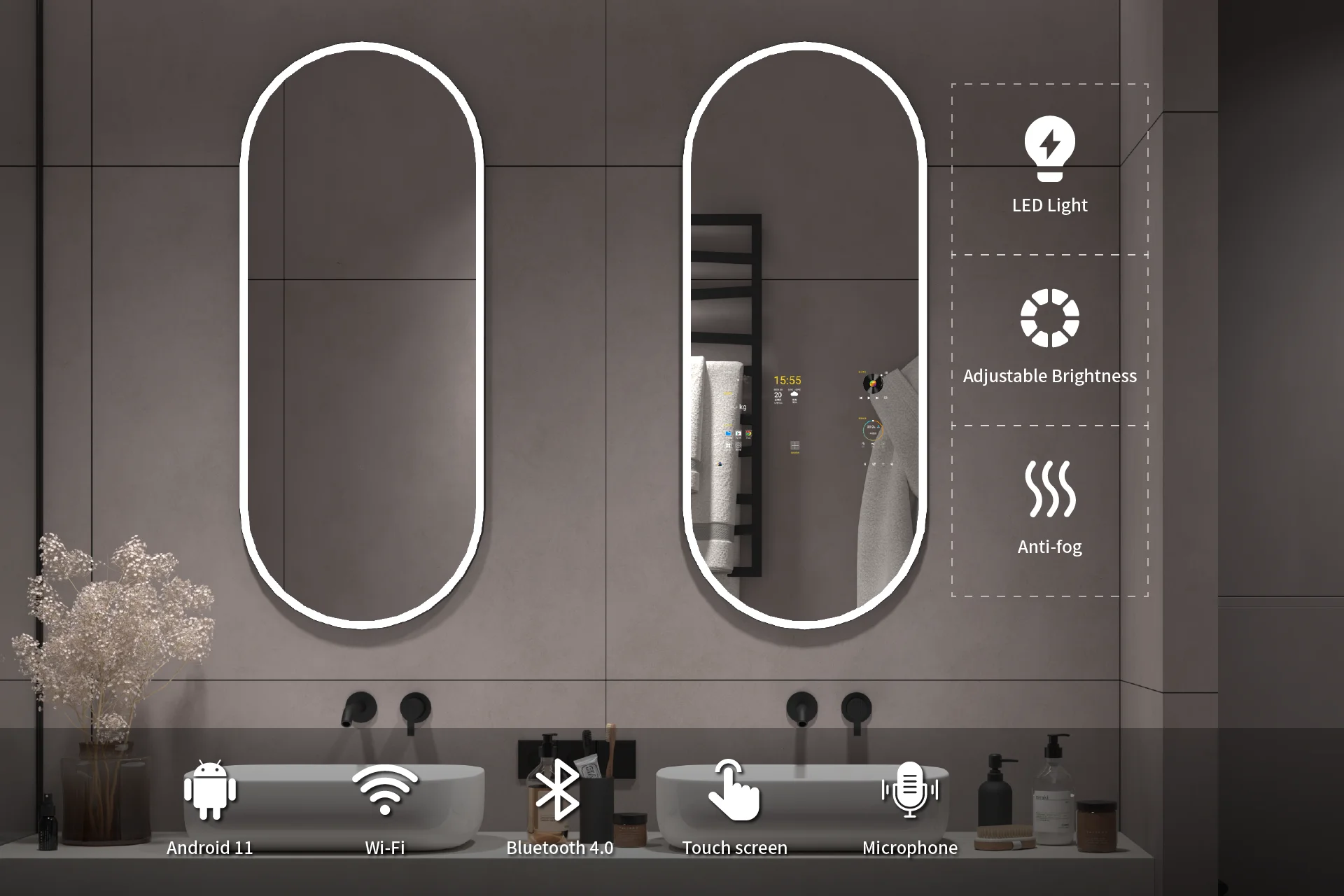 2024 New large Arch touch screen Bath full  tv mirror led bathroom android smart wall mirror smart mirror tv magic