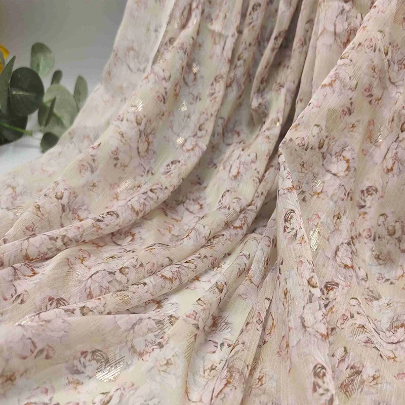 Light And Thin Imitation Silk Georgette Fabric Yellow Broken Flower Printed Crepe Chiffon Imitation Silk Dress Fabric