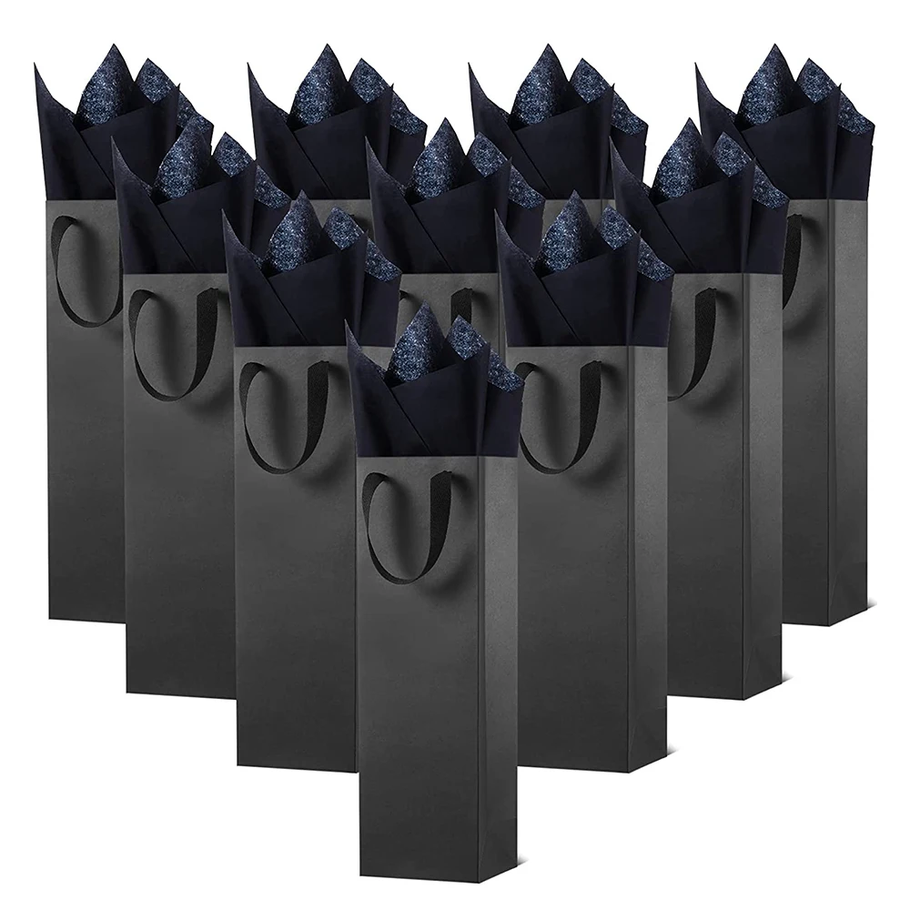 Wholesale luxury black champagne bag foldable rectangular gift paper bag wine paper bag with logo