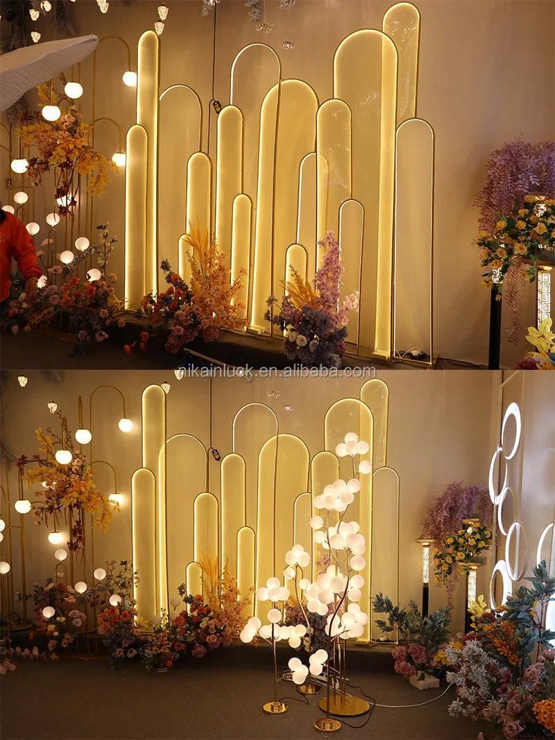 Oem Unique Design Wedding Stage Led Light Backdrop With White Light Stripe Stand Decor White Color Event Iron Metal Arch Set
