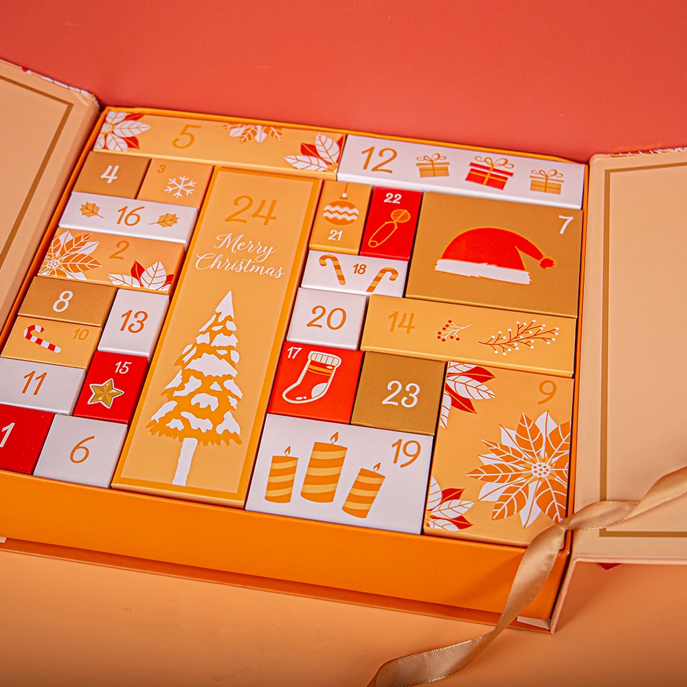 Christmas Advent Calendar Gift Rigid Cardboard Blind Box Candy Chocolate Packaging Boxes with 24 Gift Box Set