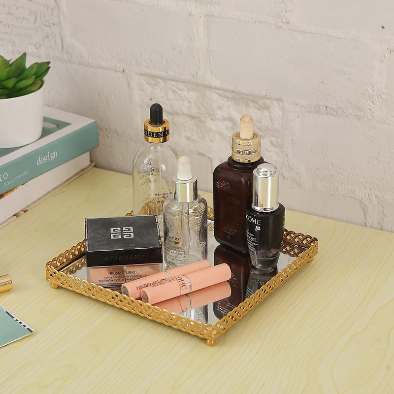 ins Metal iron dressing table Skin care cosmetics lipstick jewelry display storage tray mirror decoration tray