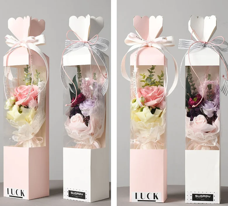 Handhold tall bouquet packaging box paper foldable fold candy shape flower rose bouquet packaging for A bunch of flower window