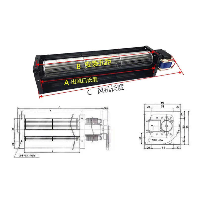 Высокоскоростной ac поперечный потоковый вентилятор 118x955 12V 24V