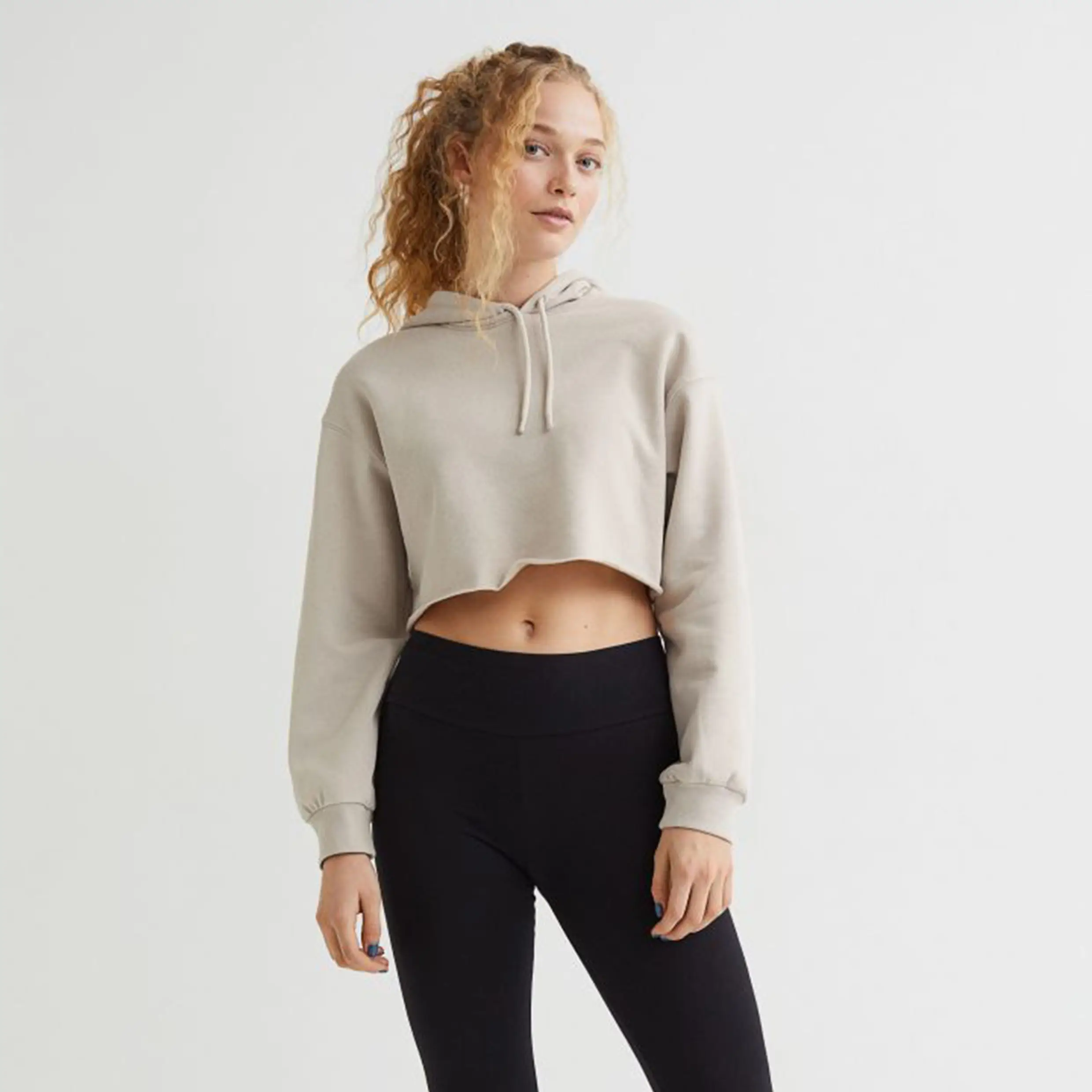 New Trendy 100% Cotton Fleece Custom Logo Design High Quality Blank Women Long Sleeve Drop Shoulder Crop Top Hoodie