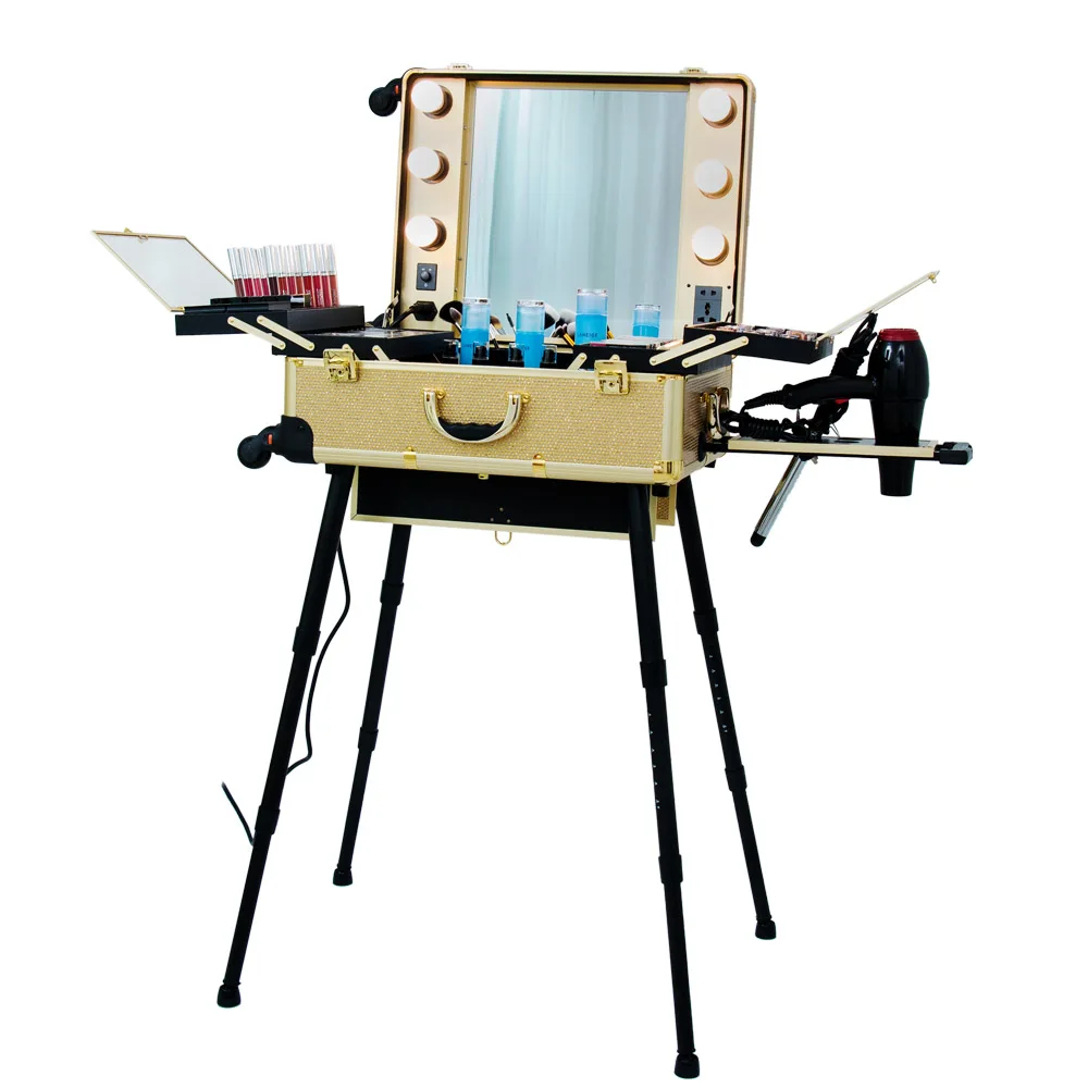 FAMA factory Latest fashion good quality makeup train case makeup station with lights with mirror