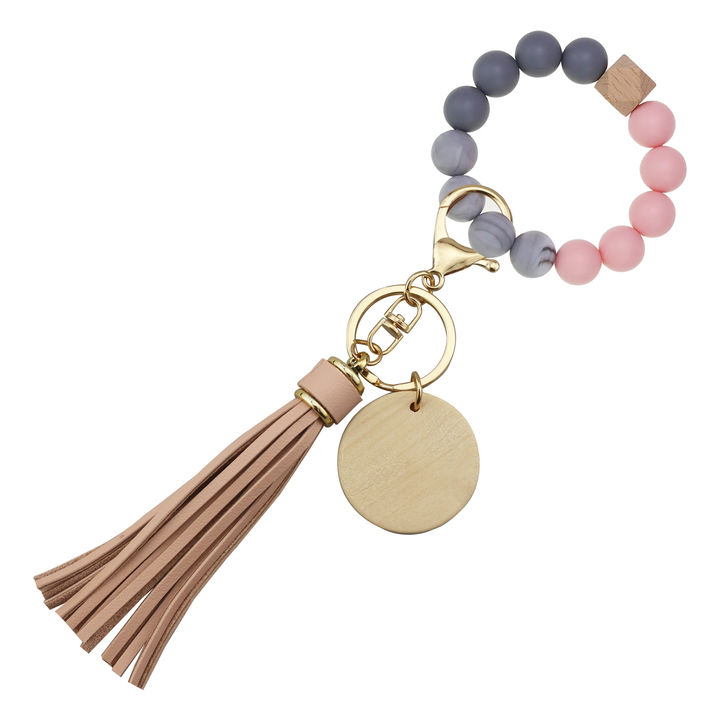 Оптовая продажа, кольцо для ключей, браслет, кожаная кисточка, силиконовый браслет с бусинами, брелок с деревянной бусиной и круглым деревянным чипом