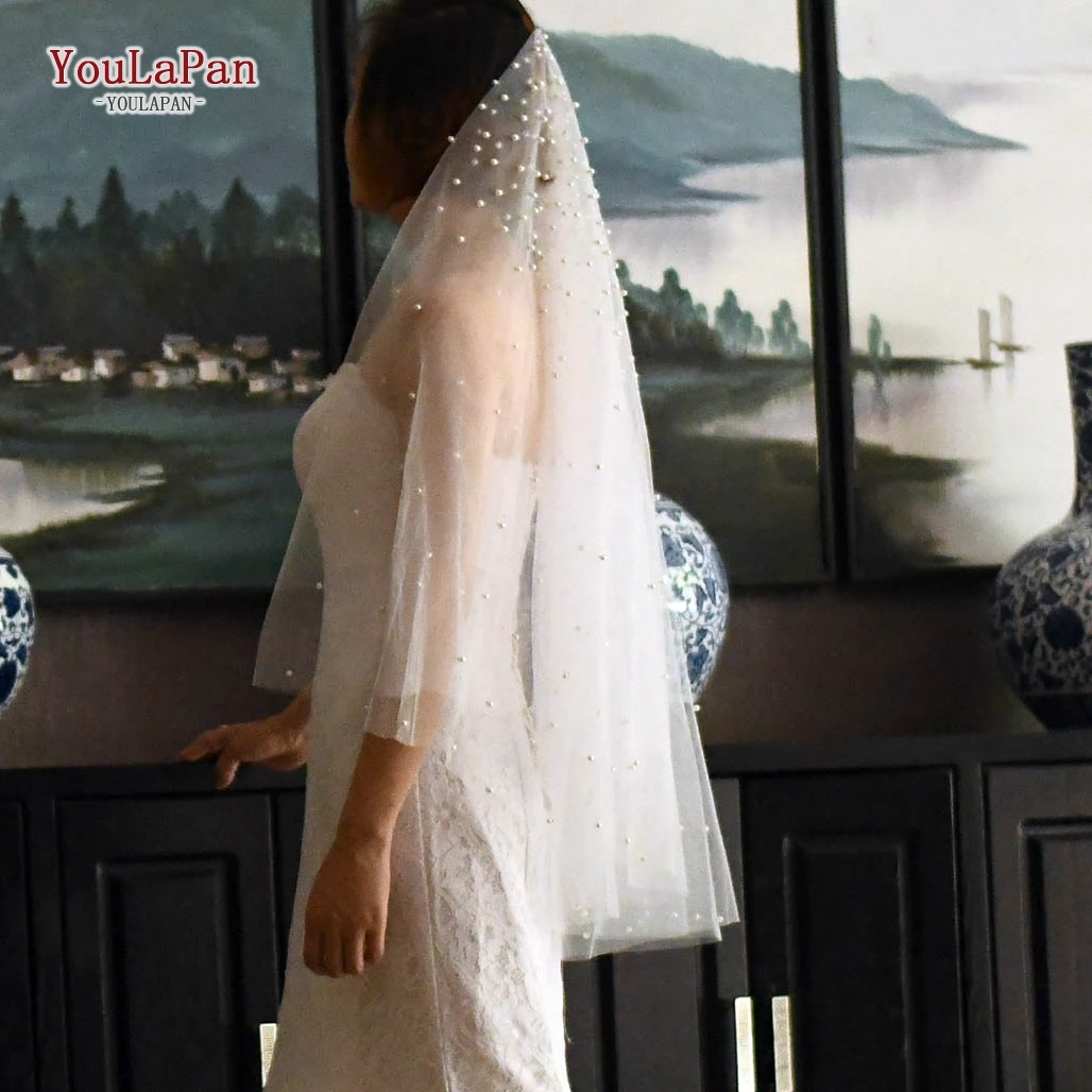 
YouLaPan V08 Long Tulle White Pearl Bridal Veil Cathedral Veil for wedding Dress Accessories 