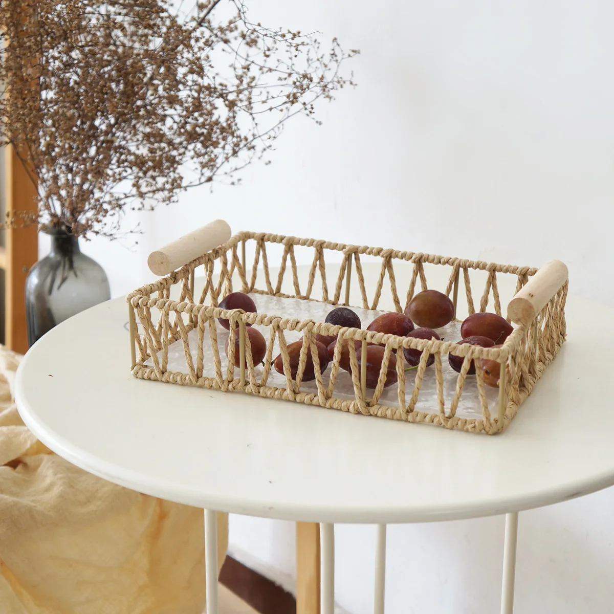High Quality Paper rope Basket Wholesale Hand Woven Storage Baskets With Wooden Stick Handles