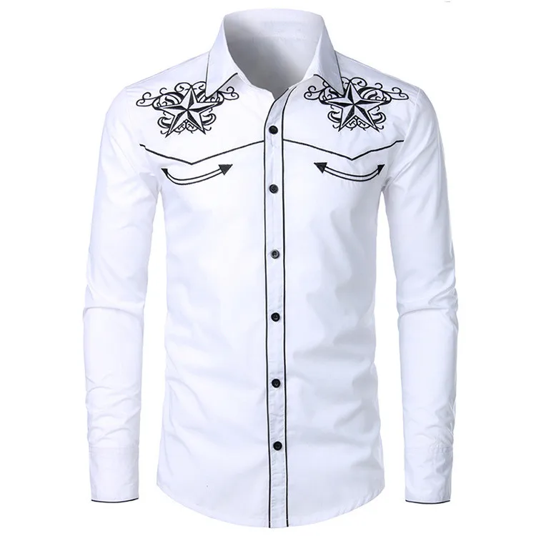 High quality cotton men western embroidered casual long sleeve cowboy shirt