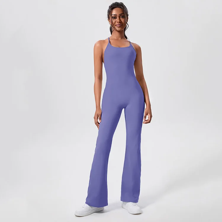 One Piece Flared Fitness Workout Bodysuit Hollow Out Sexy V Back Yoga Sets For Women Bodycon Fitness Yoga Sports Jumpsuit