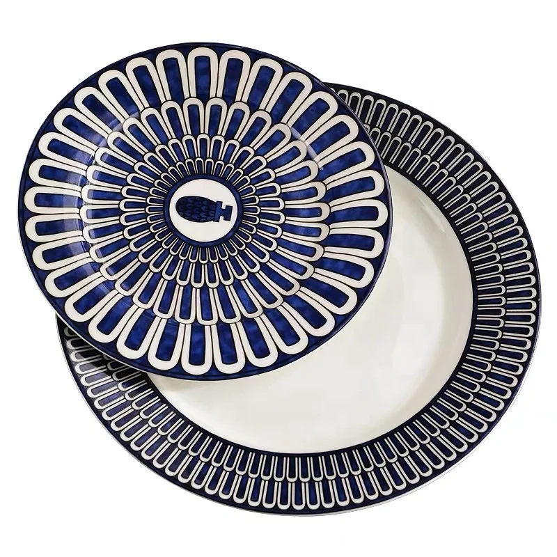 
Wholesale Dinner Plate Set Handmade Fine Bone China Wedding Plates Porcelain Blue Dinnerware Set 