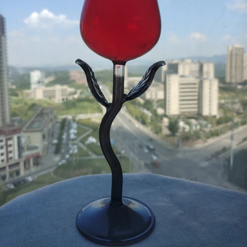 Elegant Creative red color Flower Shaped Glass Unique Rose Red Wine Glasses Goblet with gray stem and leaf  For Couples Lovers