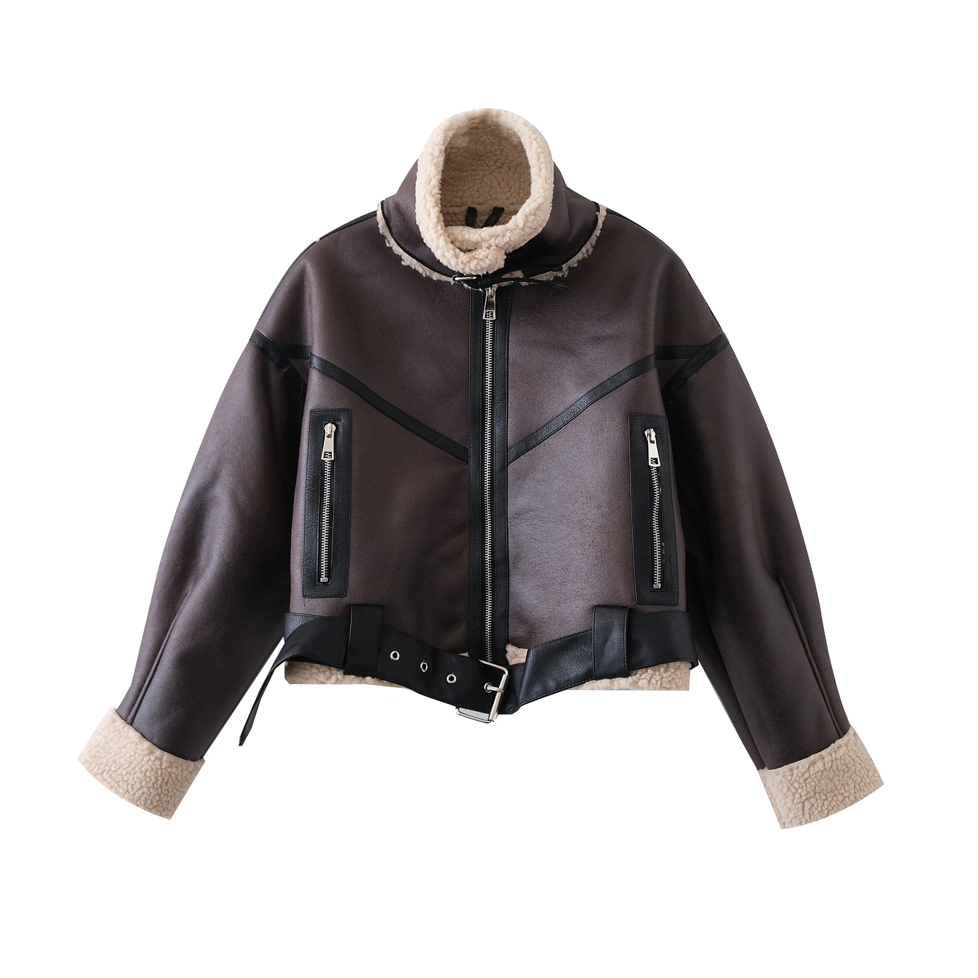 Turtleneck collar brown color long sleeve zipper fly sashes casual fashion leather jacket for women