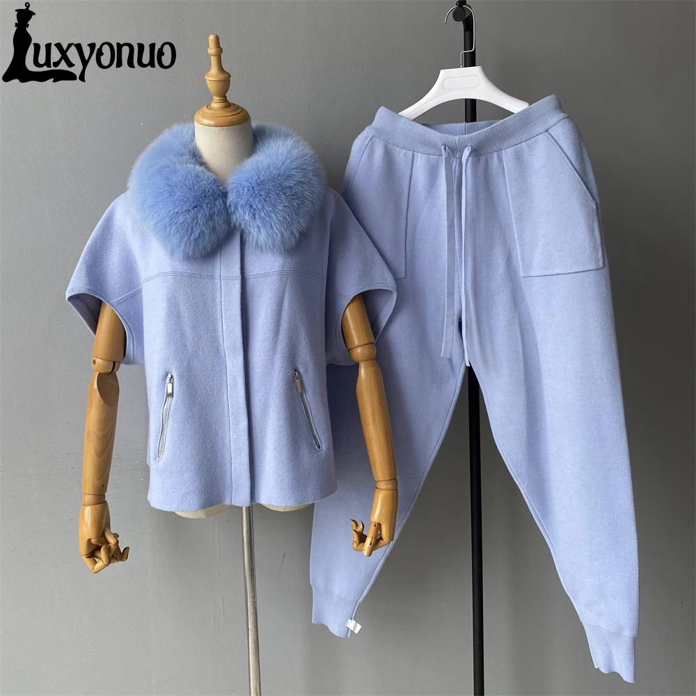 New Arrival Ladies Fall Winter Knit Suit Jump Set Wholesale  Wool Knit Coat Short Sleeve Knitted Sweater with Fox Fur Collar